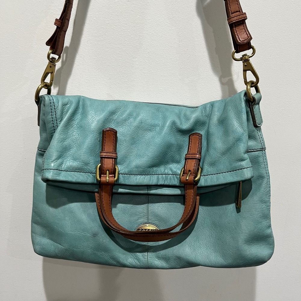 Fossil Leather Fold Over Dawson Teal Large Tote Convertible Crossbody Bag
